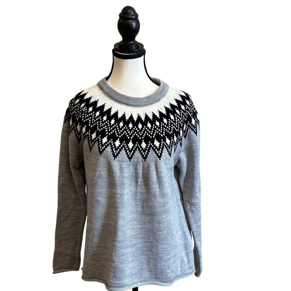 CCK Style Womens Sweater‎ Medium Gray White Black Nordic Fair Isle Knit Pullover